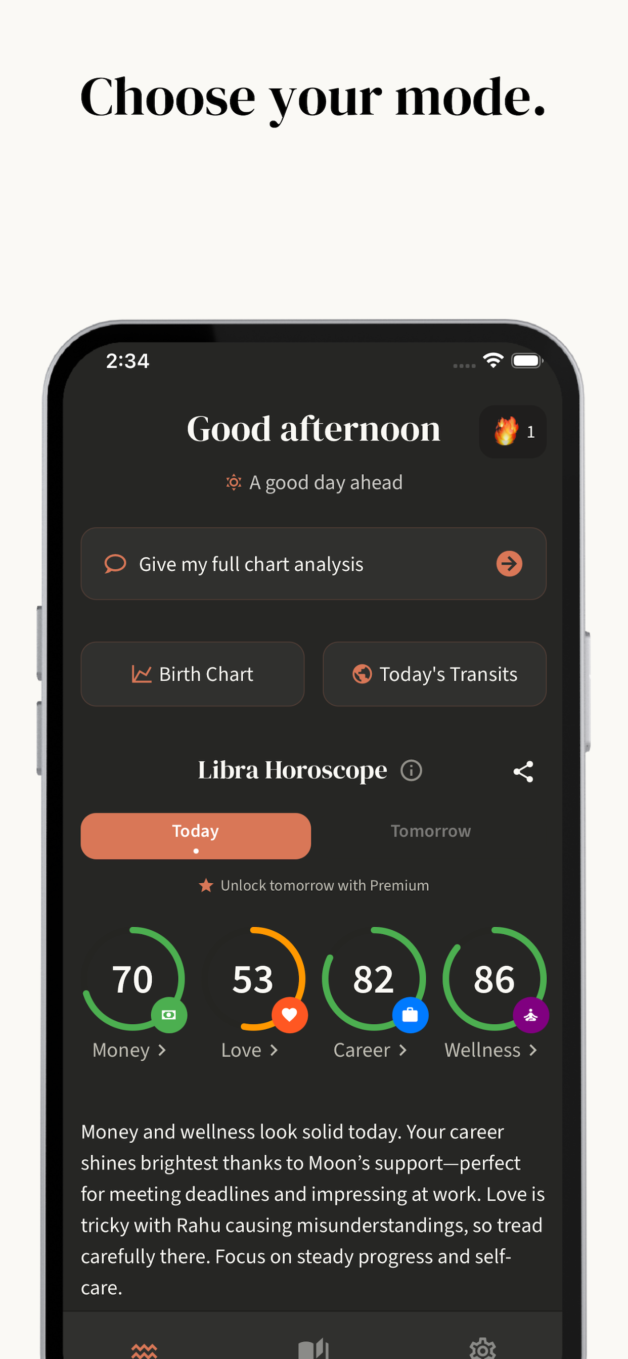 Om.AI home screen with daily horoscope scores